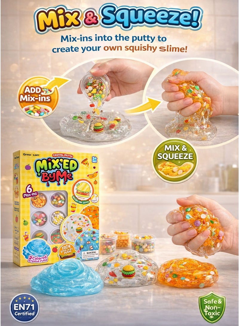 GreaTeam Mixed By Me Crystal Putty Hamburger Edition – 6 Mix-Ins DIY Slime Making Kit for Kids – 3 Colored Crystal Putty in Pot 88–90G – Clear Blue Orange Stretchy Squishy Transparent Slime with Food-Themed Accessories – Mix Your Own Putty – Sensory Fidget Toy for Boys & Girls – EN71 Certified Non-Toxic Safe Educational Creative Toy for Age 3+ - Image 3